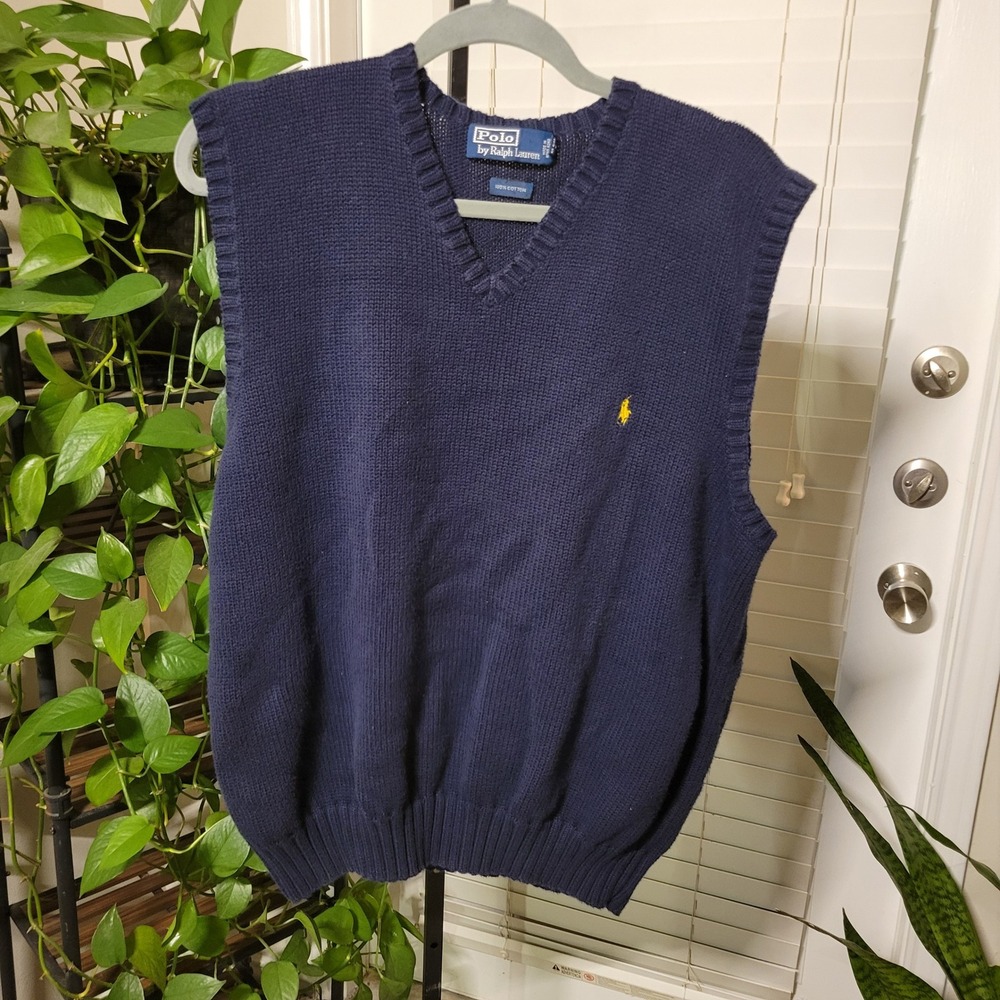 VTG Polo Ralph Lauren Mens Navy Blue Cotton V-Neck Knit Sweater Vest XL